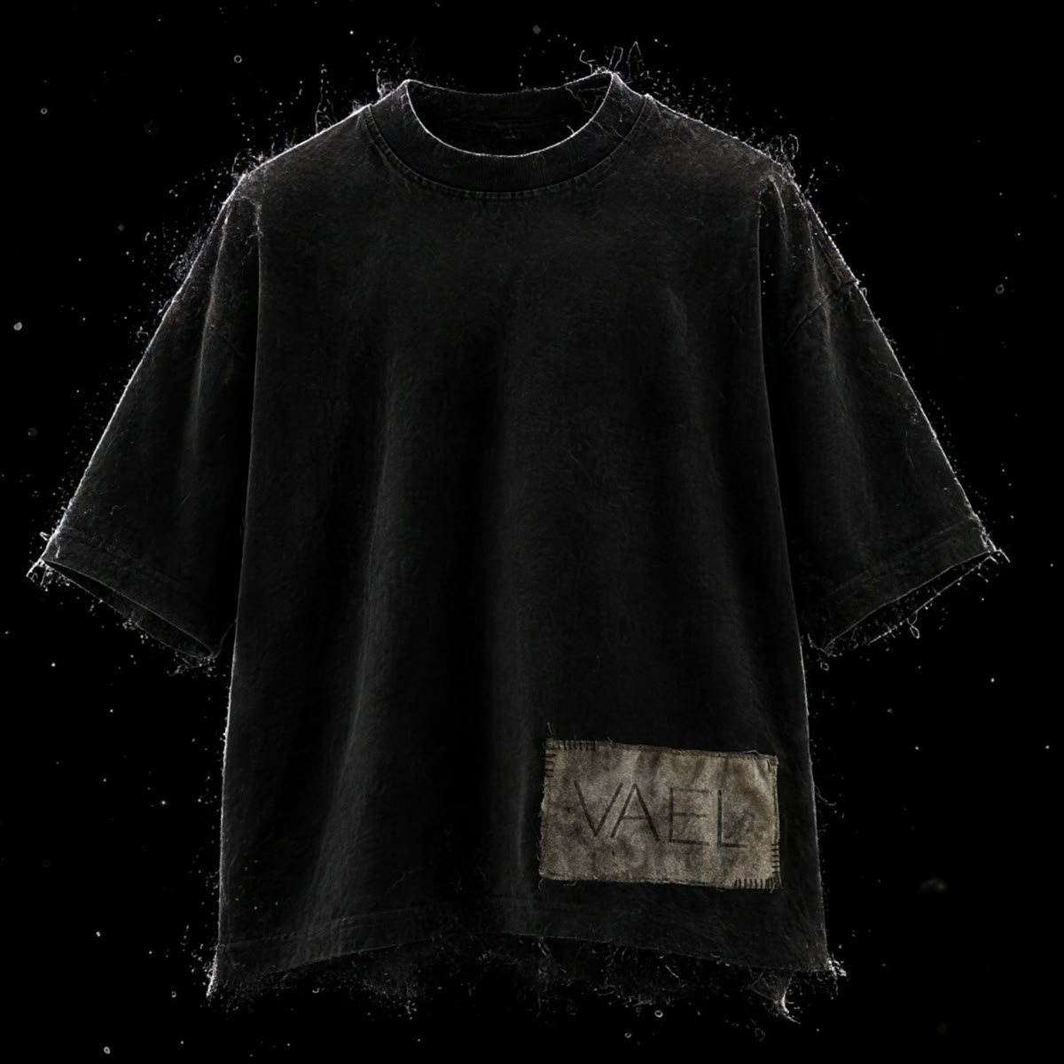 Garment 001 complete, with the VAEL patch at the hem